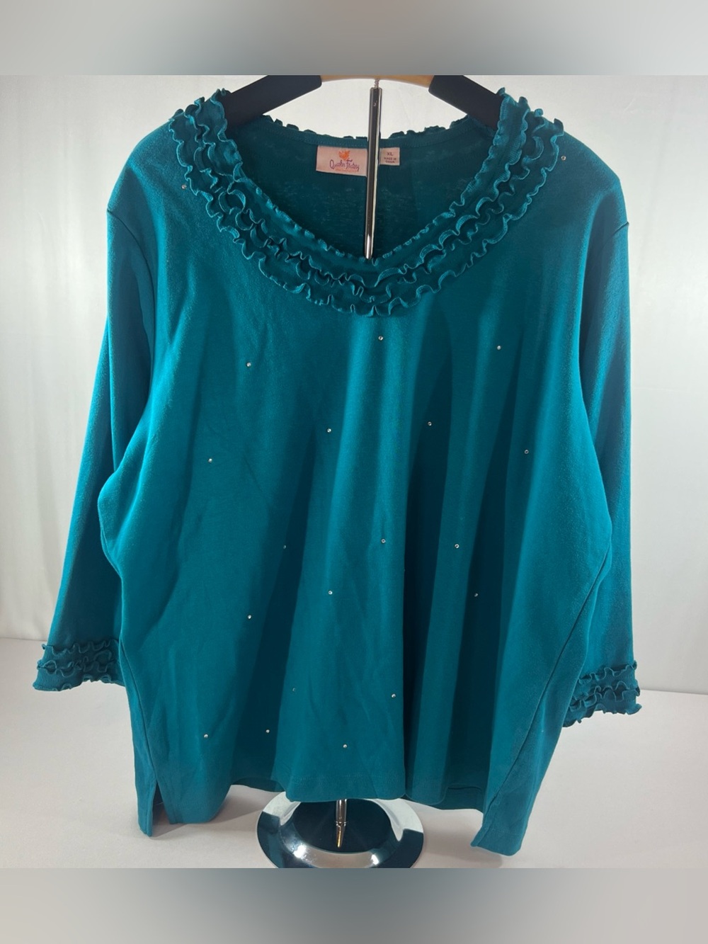 Quacker Factory Teal Rhinestone Embellished Top – Women's XL – 100% Cotton